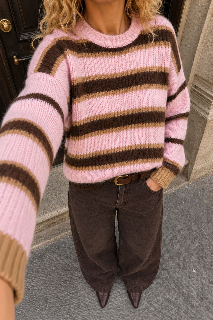 A-Bee - Hallie 6136 - Camel / Pink / Brown Stripe Strikbluser 