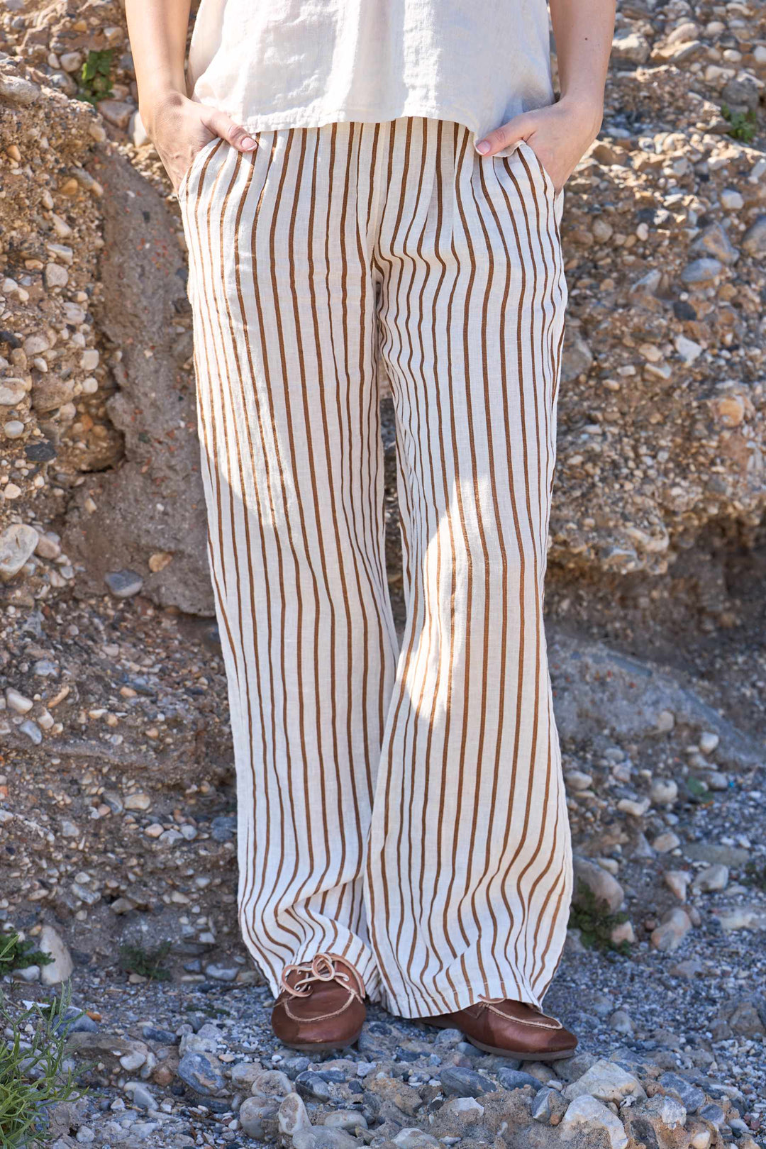 Black Colour - Bcmelina Wide Linen Pant 41114 - Camel Stripe Bukser 