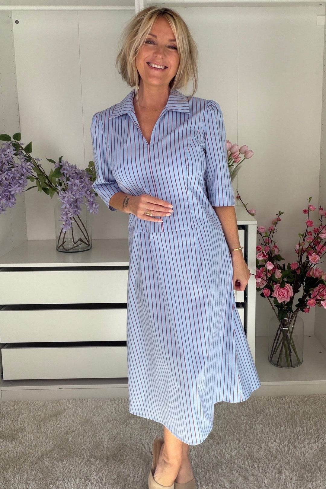 Dear Molly - Shirt Dress - Blue And Red Stripe Kjoler 