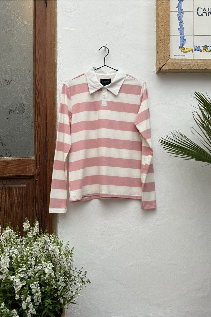 Liberte - Polo-Ls-Shirt 22145 - Rosa White Stripe