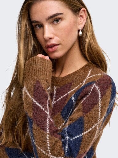 JDY - Jdyreese L/S O-Neck Argyle Pullover Knt - 5174124 Bison W. Rum Raisin/ Black Iris/ Oatmeal Argyle Strikbluser 