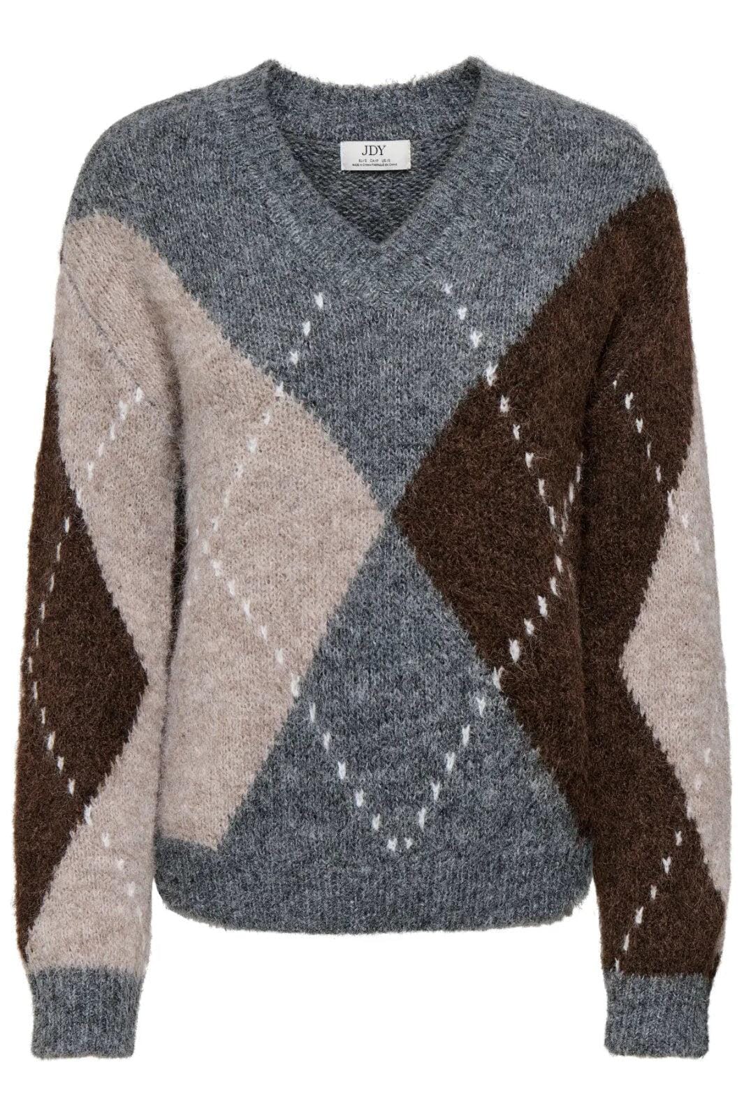 JDY - Jdyzoey L/S V-Neck Argyle Pullover Knt - 5122982 Medium Grey Melange Chateau Gray/Chocolate Brown Argyle Strikbluser 