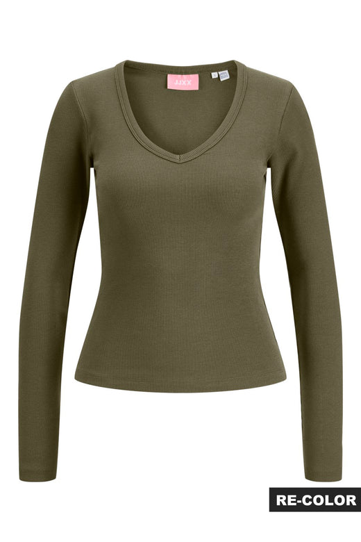 Jjxx - Jxfreya Str Ls V-Neck Top - 5244785 Burnt Olive