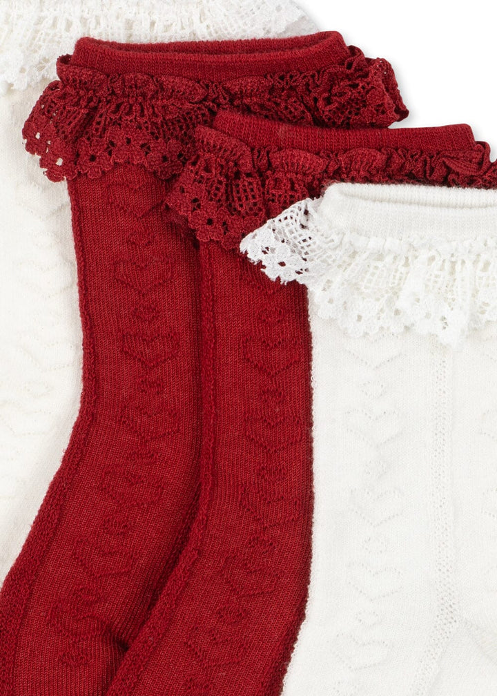 Konges Sløjd - 2 Pack Pointelle Frill Socks Ks106349 - Red/off White