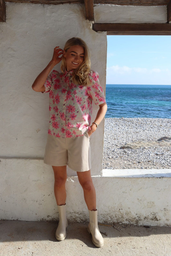 Liberte - Flora Ss Blouse 22181 - Pink Watercolor Flower