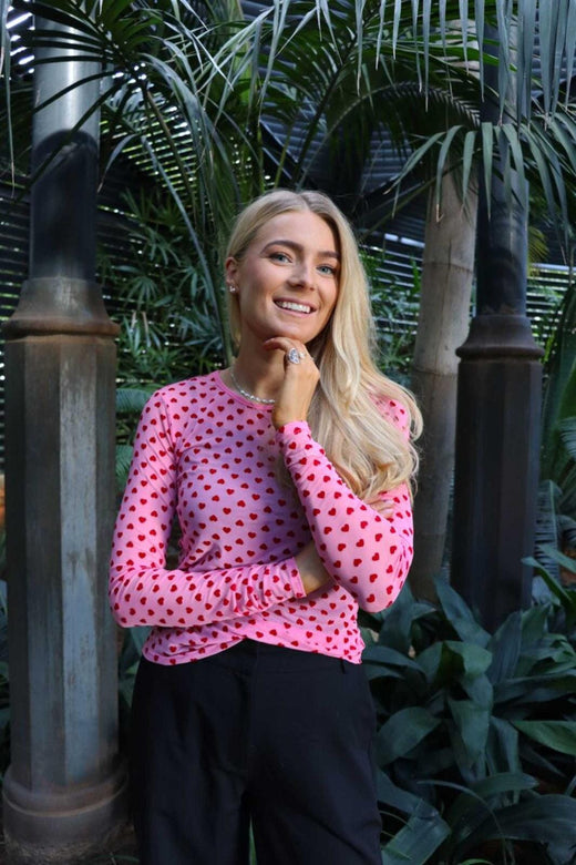 Liberte - Mesh Ls Tshirt, Flock 22081 - Pink Red Heart T-shirts 