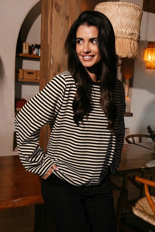 Liberte - Nalia Ls Boxy Tshirt 22473 - Black Creme Stripe T-shirts 