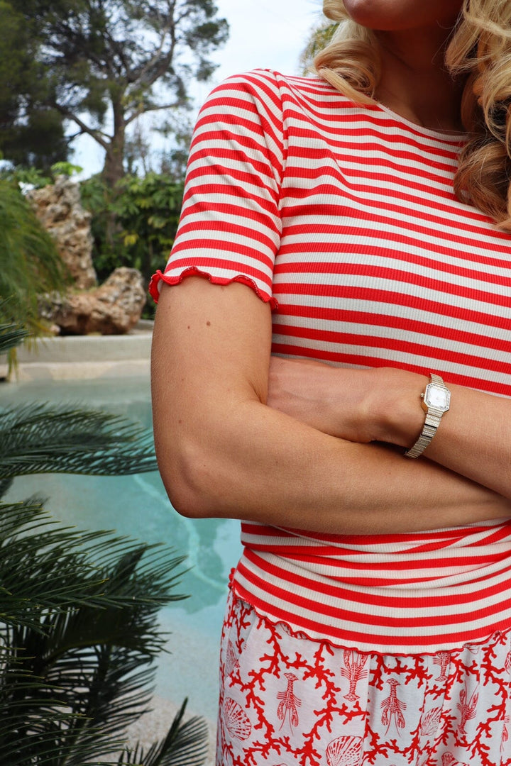 Liberte - Natalia Ss Blouse 9971 - Lobster Red Creme Stripe