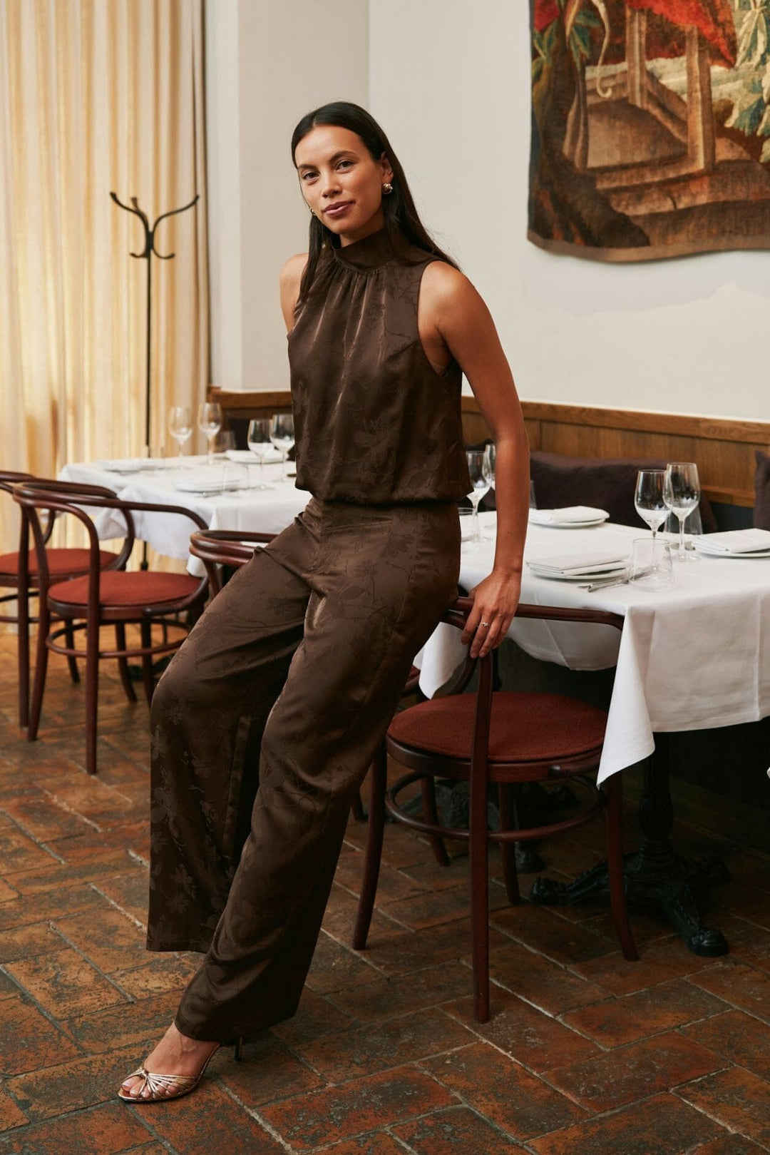 Neo Noir - Allie Floral Satin Pants 171185 - 676 - Dark Brown Bukser 