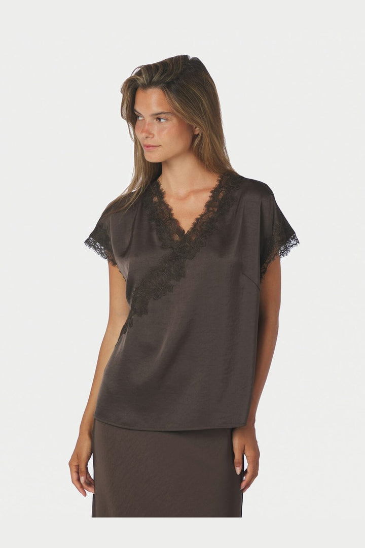 Neo Noir - Benera Heavy Sateen Lace Blouse 170061 - 676 - Dark Brown