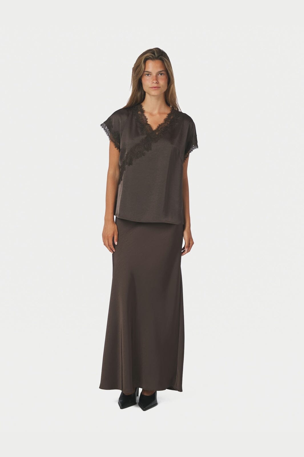 Neo Noir - Benera Heavy Sateen Lace Blouse 170061 - 676 - Dark Brown