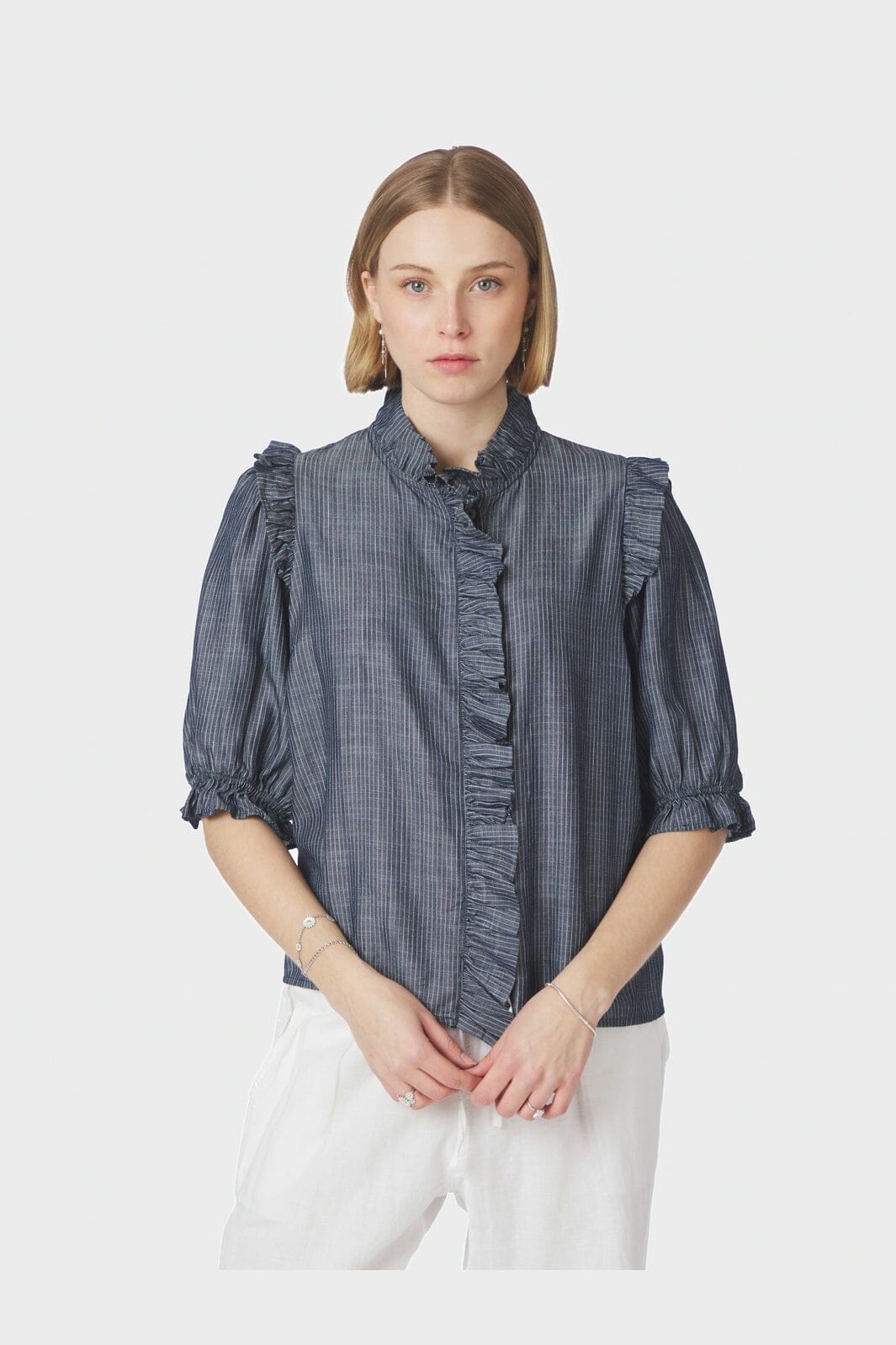 Neo Noir - Chacha Chambray Stripe Blouse 169737 - 534 - Dark Blue