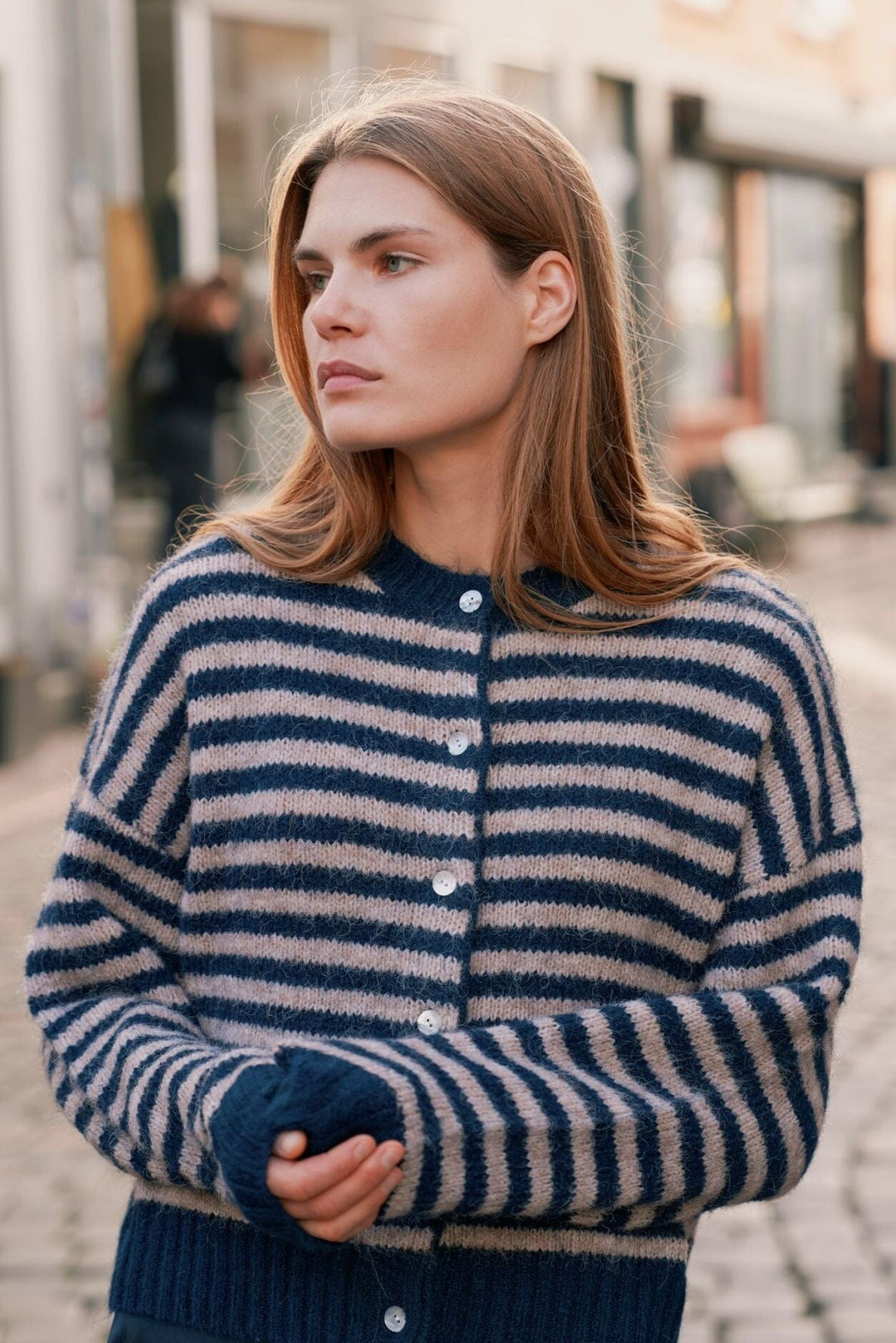 Neo Noir - Isana Stripe Fluffy Knit Cardigan 169700 - 575 - Navy Striped Cardigans 