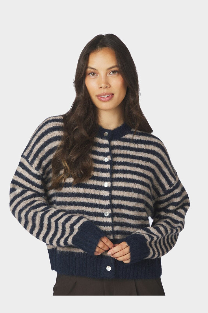 Neo Noir - Isana Stripe Fluffy Knit Cardigan 169700 - 575 - Navy Striped