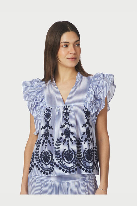 Neo Noir - Jayla Stripe Embroidery Top 168997 - 140 - Blue