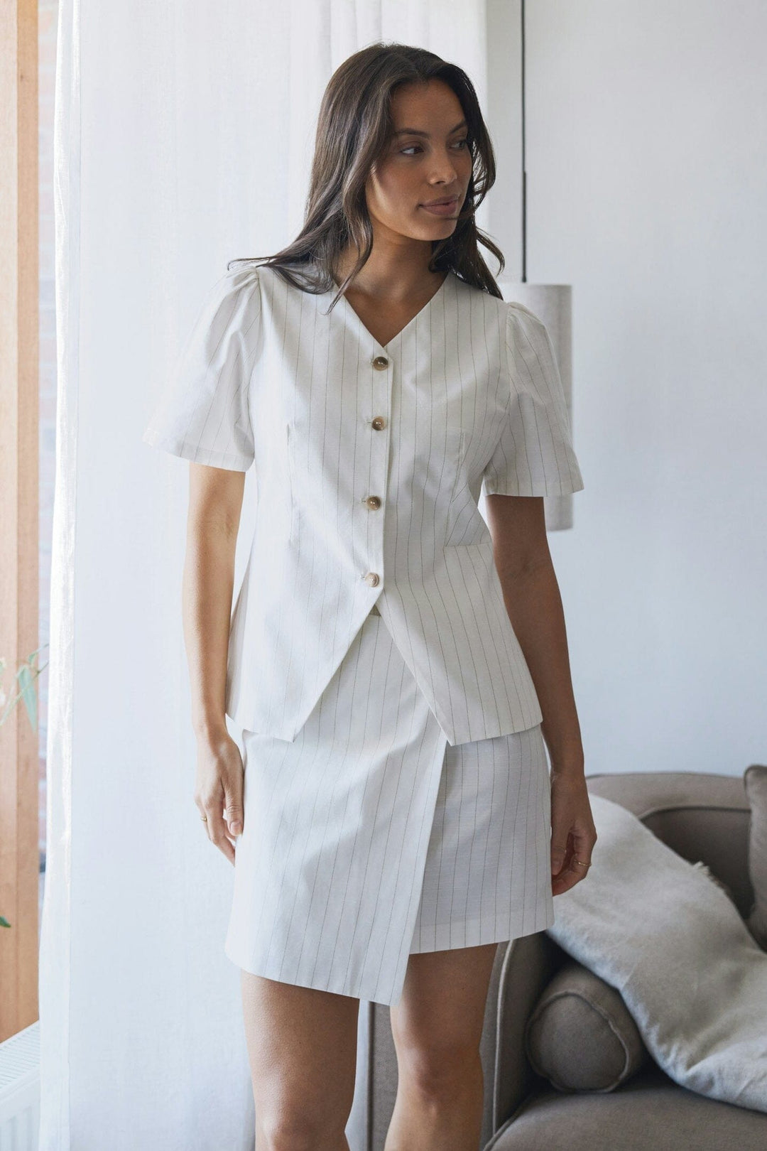 Neo Noir - Jules Summer Stripe Blouse 168850 - 979 - Taupe Stripe Bluser 