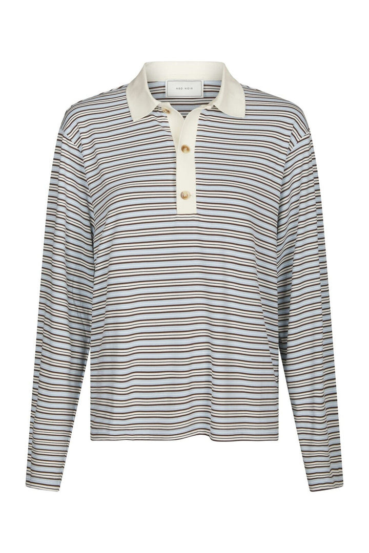Neo Noir - Lirenne Striped Polo Blouse 169606 - 145 - Light Blue