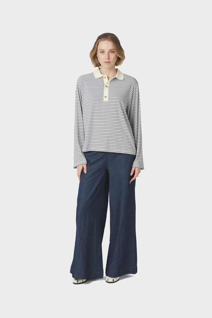Neo Noir - Lirenne Striped Polo Blouse 169606 - 145 - Light Blue