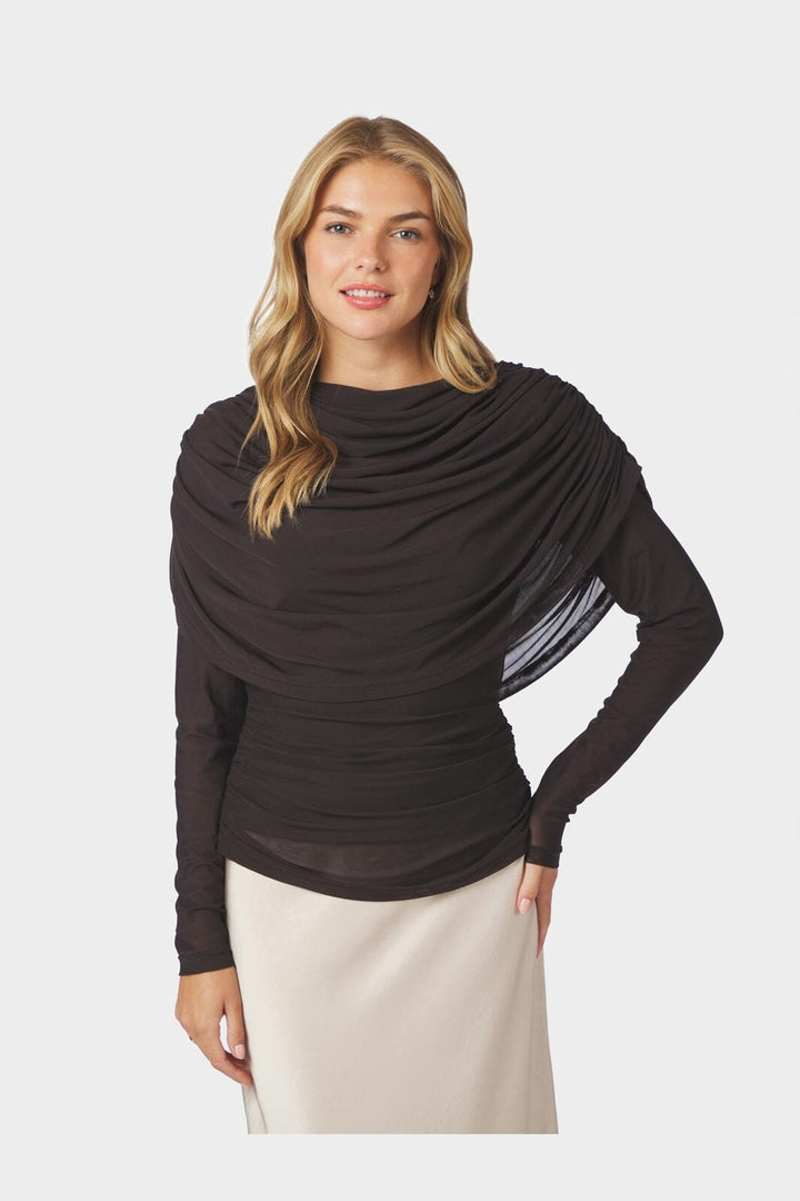 Neo Noir - Lottuna Drapy Mesh Blouse 168042 - 676 - Dark Brown
