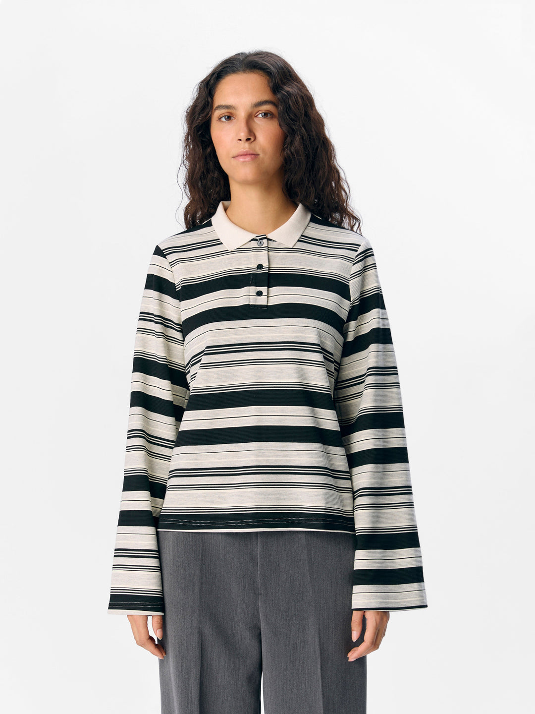 Object - Objpollo L/S Polo Top Dfw - 4828290 Light Grey Melange Black-Cd Bluser 