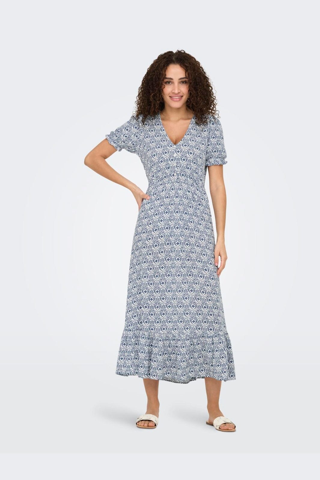 Only - Onlchianti S/S Long Dress - 4758861 Cloud Dancer Smith Blue Graphic