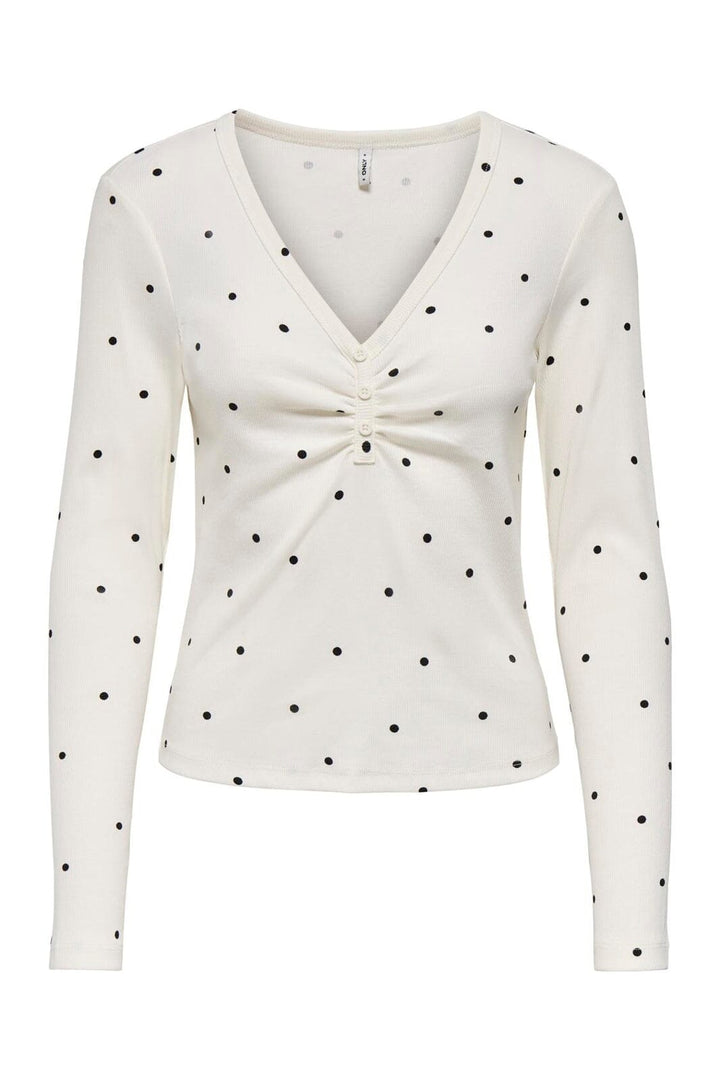 Only - Onlfenja L/S V-Neck Top - 5084676 Cloud Dancer Black Dot
