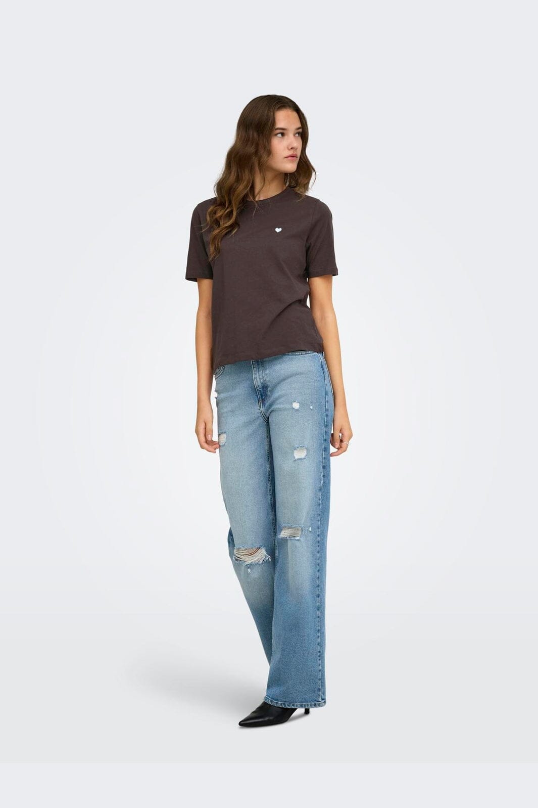 Only - Onlhappy S/S Emb Top - 5204457 Coffee Bean Chambray Heart