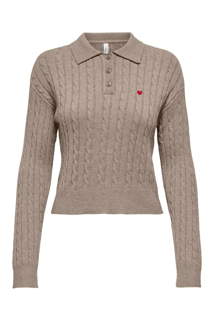Only - Onlkatia Ls Cable Polo Cc Knt - 4959338 Mocha Meringue Mel/True Red Heart Emb/Dtm Button