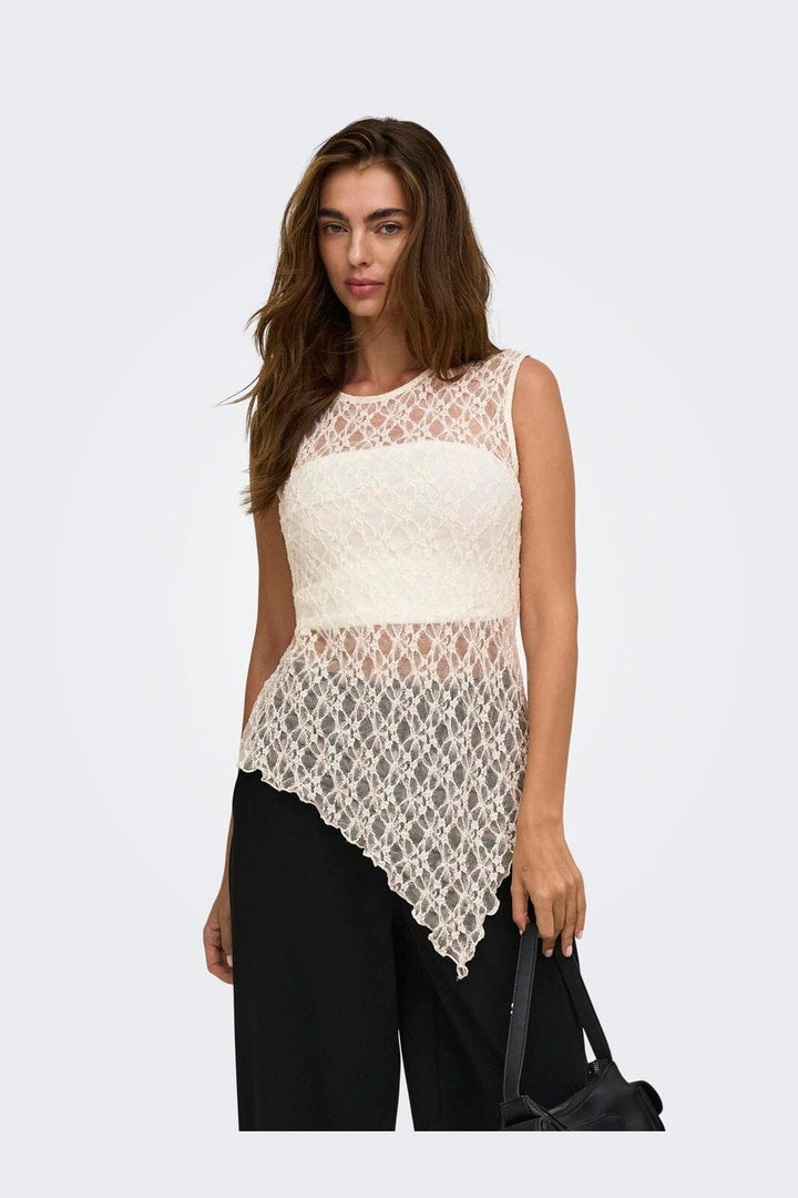 Only - Onlliva S/L Asymmetric Lace Top - 5202496 Egret