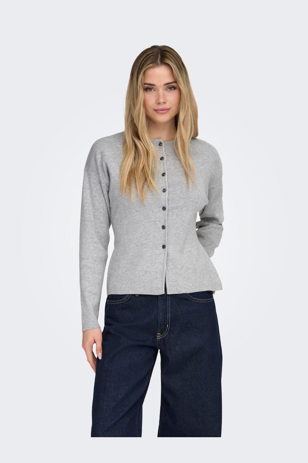 Only - Onllucy Ls O-Neck Cardigan Knt - 4972652 Light Grey Melange Dark Grey Buttons