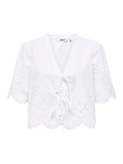Only - Onlmiffy S/S Emb Tie Top - 4932838 Cloud Dancer Toppe 