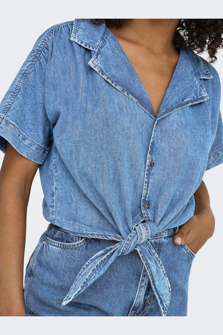 Only - Onlpaula S/S Tie Shirt Akm - 4869974 Medium Blue Denim