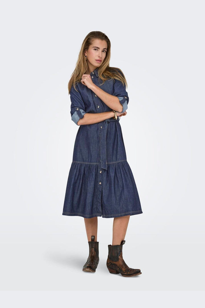 Only - Onlsevigny Frill 3/4 Sl Long Dress - 4857886 Dark Blue Denim