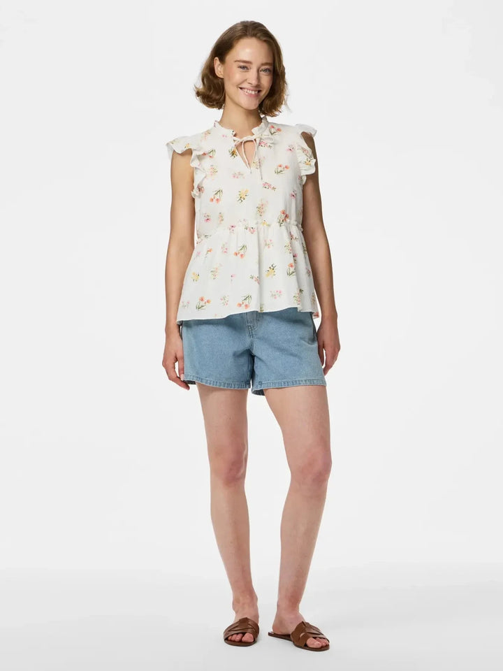 Pieces - Pcemma Sl Top - 4904214 Bright White Flower Toppe 