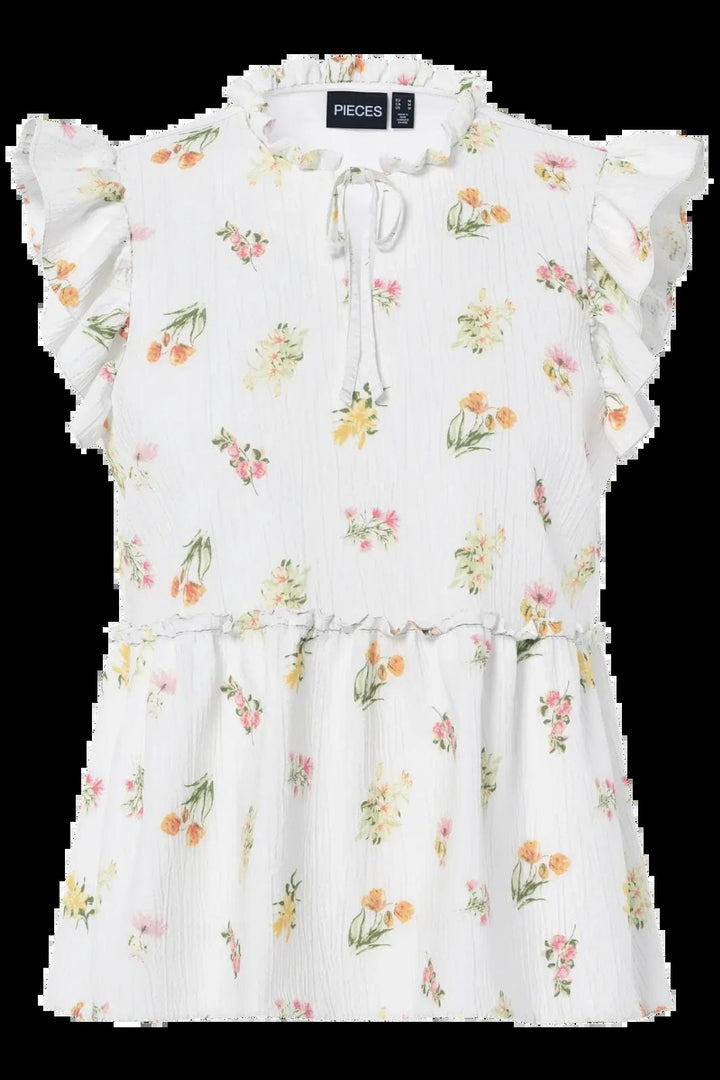 Pieces - Pcemma Sl Top - 4904214 Bright White Flower Toppe 