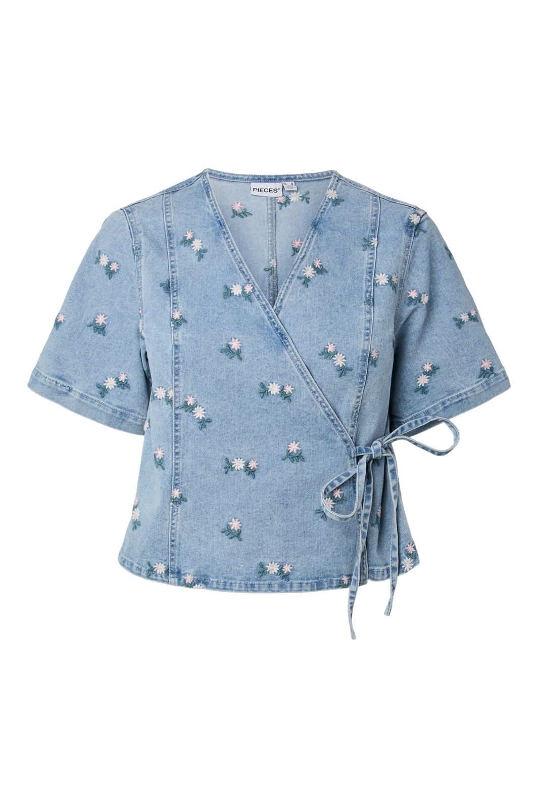 Pieces - Pcflora Ss Wrap Emb Shirt - 5106544 Light Blue Denim Embroidery