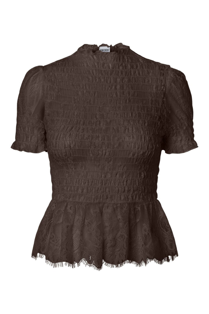 Pieces - Pcjilly Ss Lace Top - 5185375 Hot Fudge