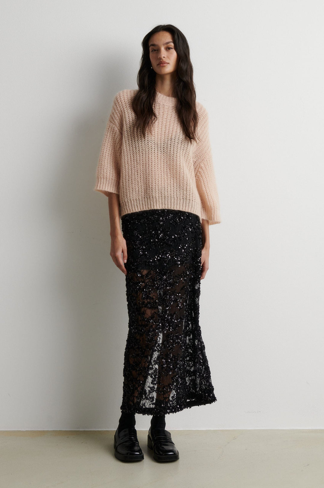 Second Female - Glora SS Knit Pullover 61299 - 3077 Cream Tan Strikbluser 