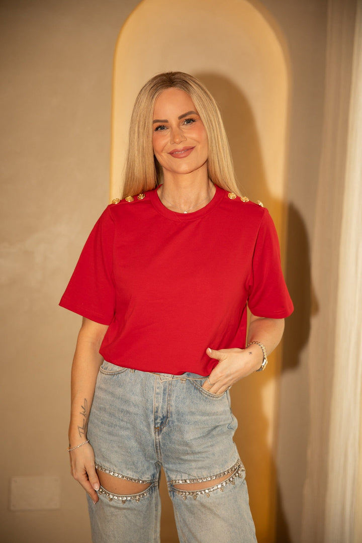 Valentin Studio - Gold Button Casual T-Shirt 162366 - 160 - Red T-shirts 